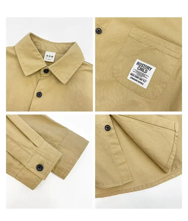 Spring Autumn Childrens Outerwear Teen Boys Shirt Solid Cotton Pocket Baby Boys Coat Single Breasted Kids Tops 3-12Y