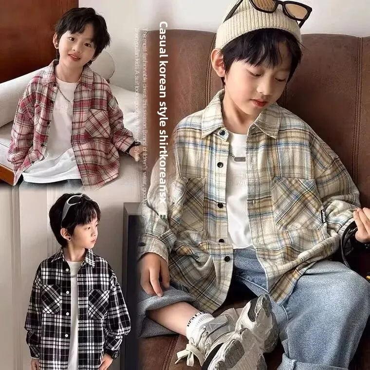 Trendy Plaid Long Sleeve Shirt for Boys Children's Clothing Spring Autumn Middle Large Children Boy's Shirt