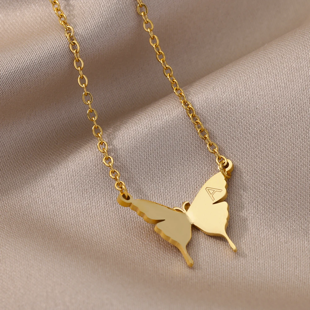 Elegant Butterfly Initial Necklace For Women Stainless Steel A-Z