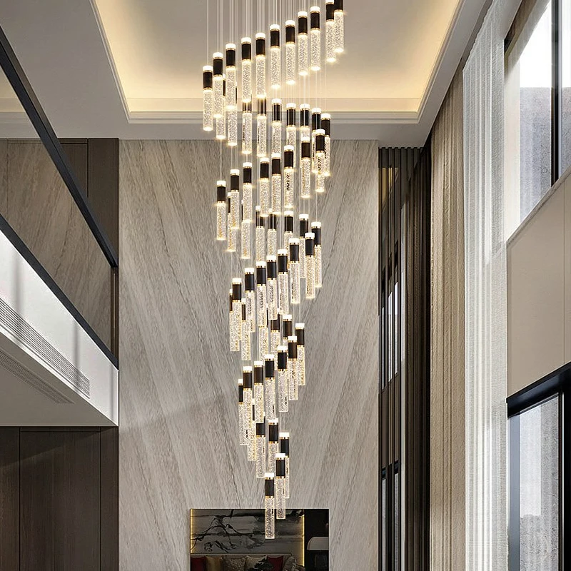 

Luxury Crystal Staircase Chandelier Round Led Hanging Lamp Modern Home Decor Indoor Lighting Black Stair Long Light Fixture