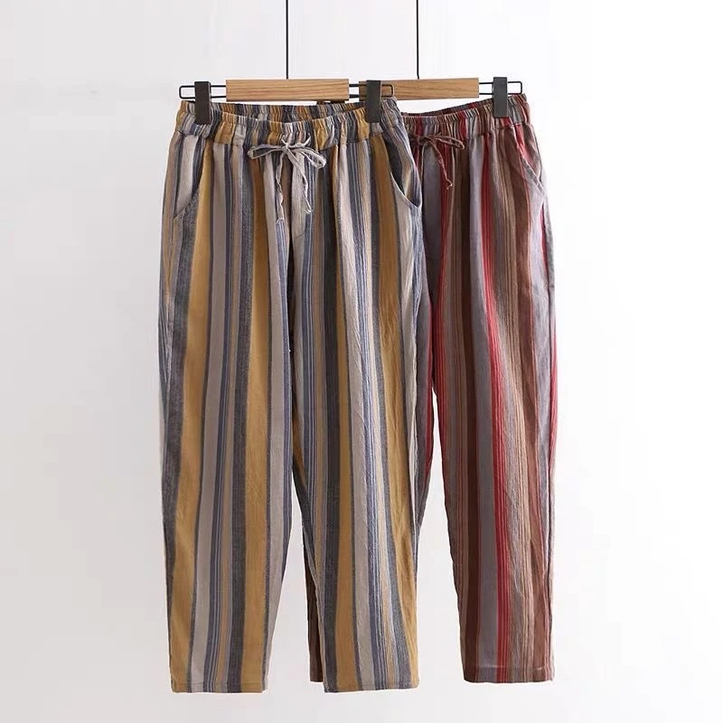 Women Clothes 2024 Summer Trendy Vintage Striped Beach Harem Pants Female Casual Streetwear Loose Trousers High Waist Pantalones