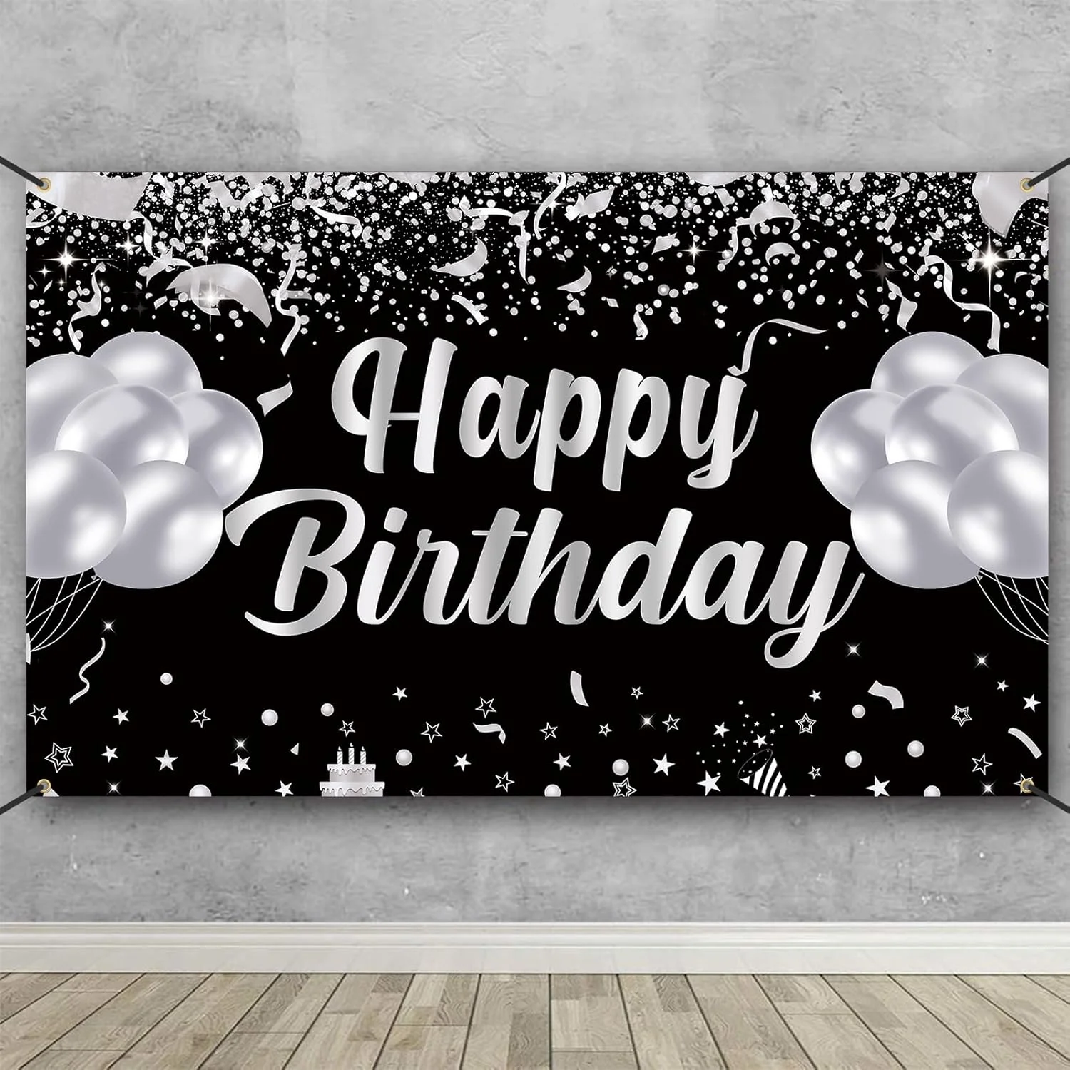 Alles Gute zum Geburtstag Banner Hintergrund, schwarz und silber Geburtstags feier Dekorationen, Geburtstags feier liefert Männer und Frauen