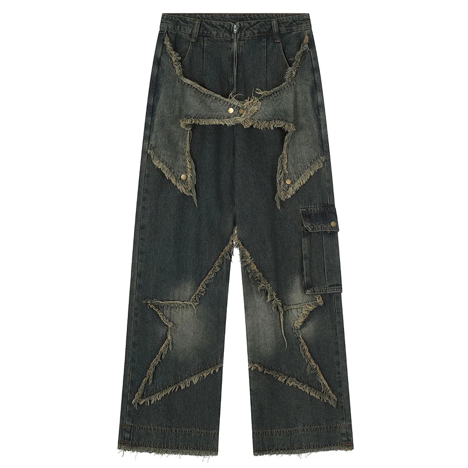 Vintage Baggy Jeans Star Patchwork Lose Gerade Denim Hosen 2023  