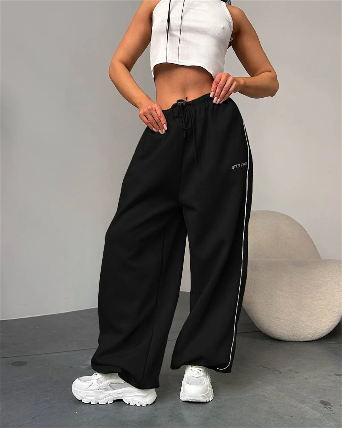 Women’s High-Waisted Striped Sweatpants with Drawstring - Front View