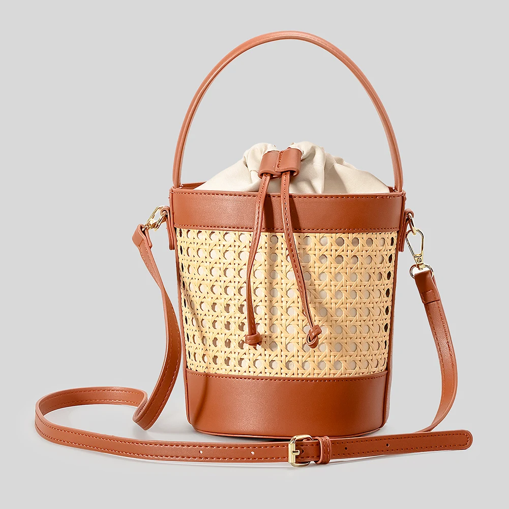 Bucket Bag PU Leather Summer Hollow Shoulder Bag Trendy Crossbody Bag Holiday Travel Handbag