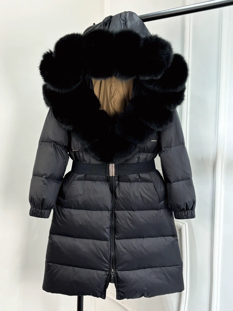 Janveny New Natural Thick Warm 90% White Duck Down Coat Long Winter Jacket Women Real Big Fox Fur Collar Belt Loose Puffer Parka 4