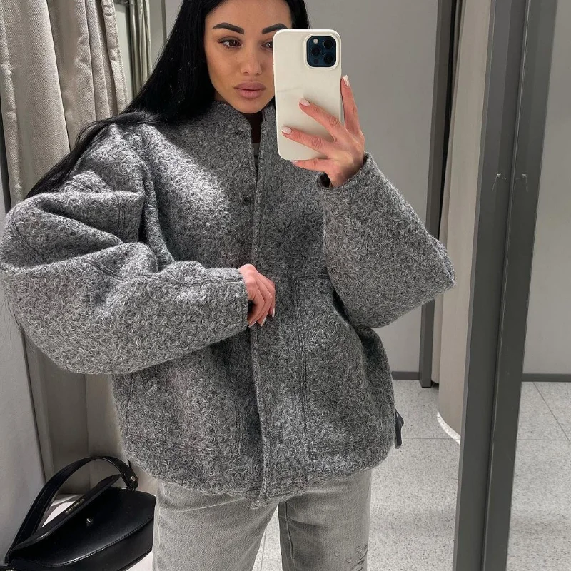 цена Women's Jackets With Buttons Bombers Grey Long Sleeve Coat Lady Warm With Pockets Outwear Jackets 2023 Spring Winter New