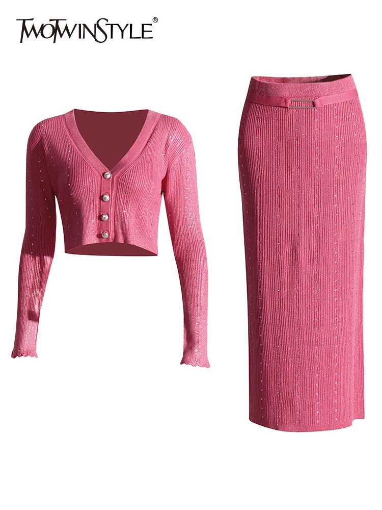 

Женский комплект из двух предметов TWOTWINSTYLE, элегантный комплект из двух предметов, топ с V-образным вырезом и длинными рукавами, юбка с высокой талией, приталенный силуэт,