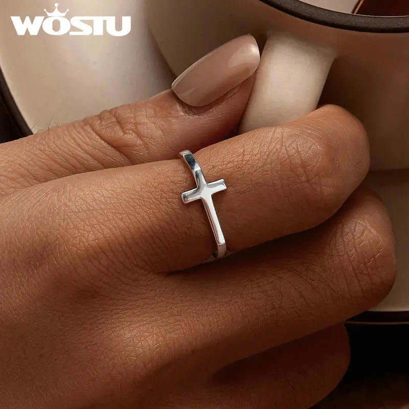 WOSTU Original 925 Sterling Silver Cross Ring Oxidized Silver for