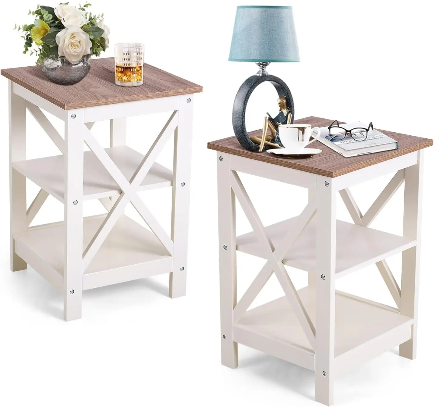 

Farmhouse End Table Living Room Set of 2, Sofa Side Table with Storage Shelves