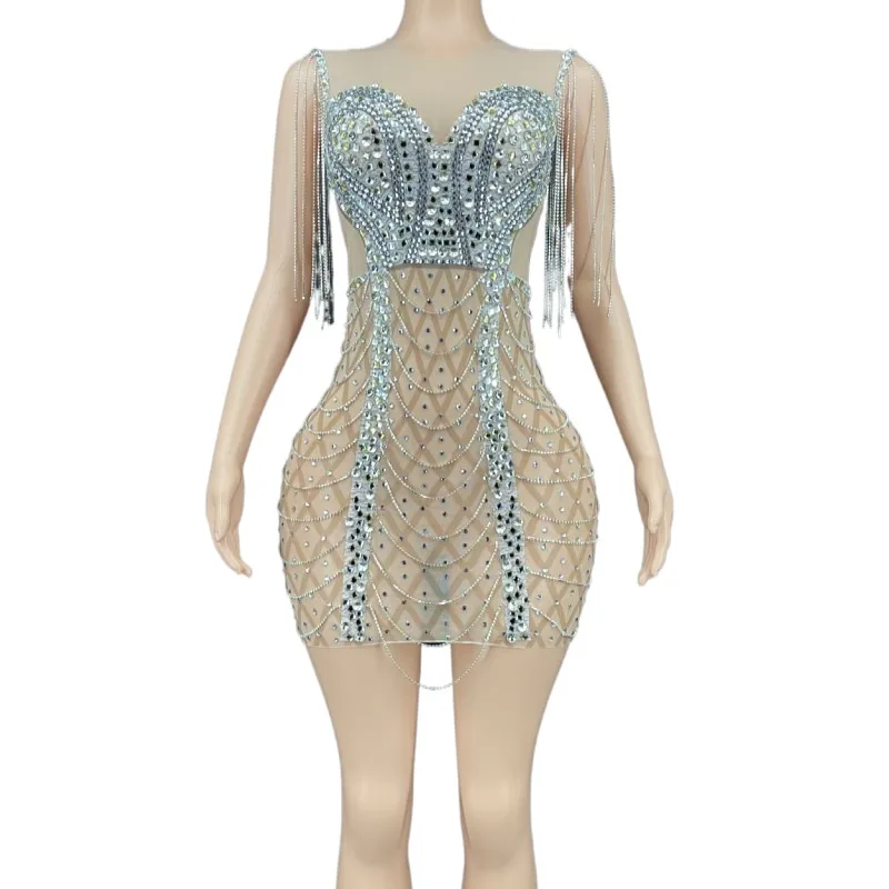 

Блестящее Прозрачное платье мини для латиноамериканских танцев с бахромой, Женская сексуальная одежда для стриптиза для шоу и девушек, Клубное платье с кисточками для выпускного вечера для женщин