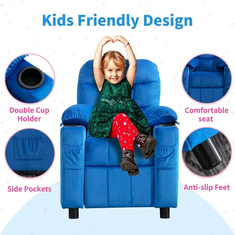 Kids Recliner Ergonomic Adjustable Velvet Lounge Chair with Footrest & Side Pockets Sofa for Boys Girls Bedroom (Navy) 5
