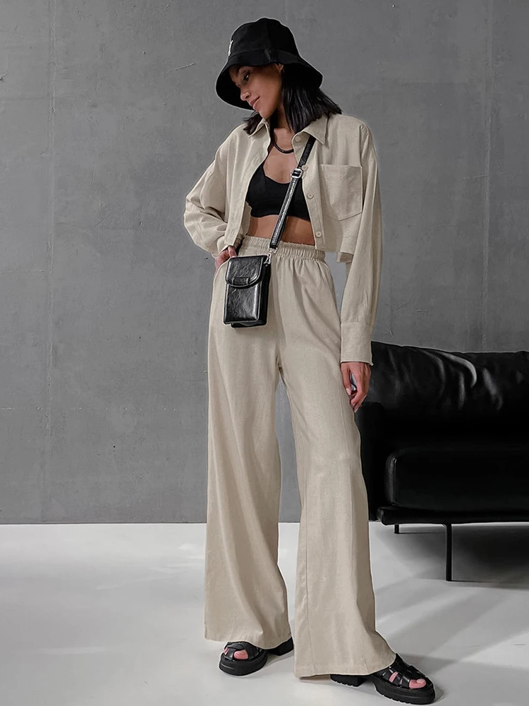 

Комплект брюк YAMIKO женский льняной, Модный укороченный Топ с длинным рукавом и карманами, винтажный комплект из 2 предметов, цвета хаки, с широкими штанинами, лето 2024