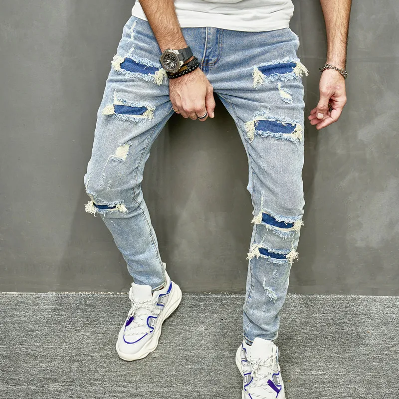 Street Stylish Men Holes Patch Skinny Pencil Jeans Men Jeans Ripped Jeans Ripped Patchwork Jeans Pants Male Ripped Solid Slim Denim Trousers For Men's
