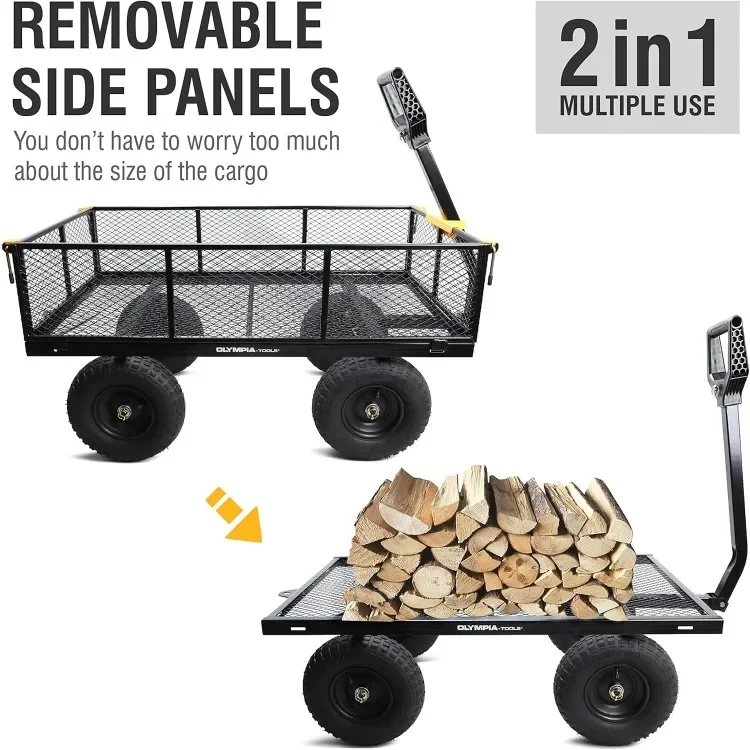 Heavy Duty 1,000lbs 6-cu ft Steel Utility Garden Cart, with Removable Mesh Sides to Convert into Flatbed, Lawn and Garden cart