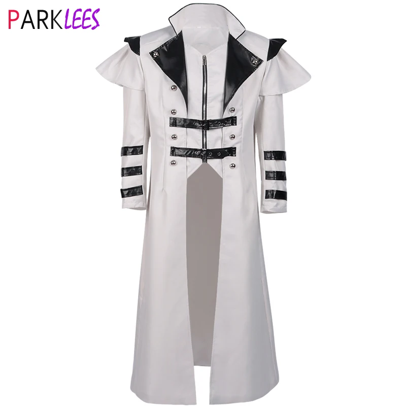 

White Steampunk Vintage Tailcoat Jacket Mens Gothic Victorian Frock Coat Uniform Medieval Cape Coat Halloween Cosplay Costume