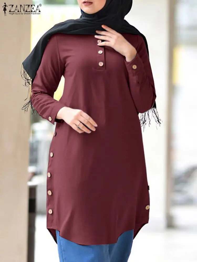 

Middle Eastern Robe ZANZEA Muslim Women Blouse Turkey Abaya Solid Full Sleeve Tops Elegant Long Shirts Isamic Work Blusas