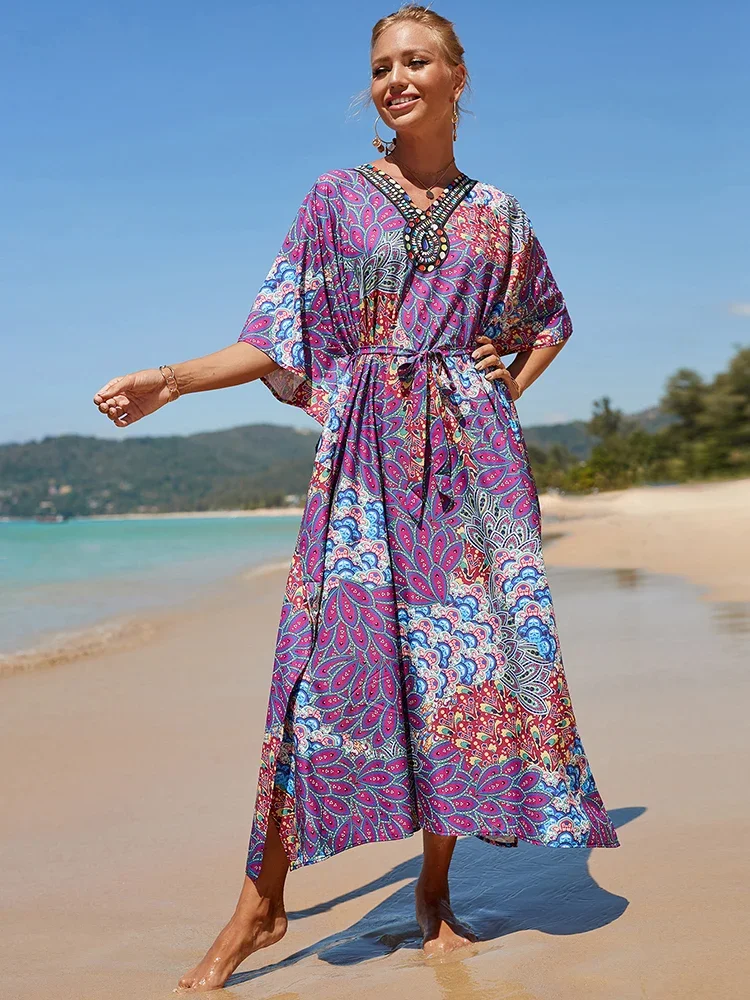 Decora Apparel Women's Boho Kaftan Dress - African Print Long Beach Cover Up, Plus Size Free Size