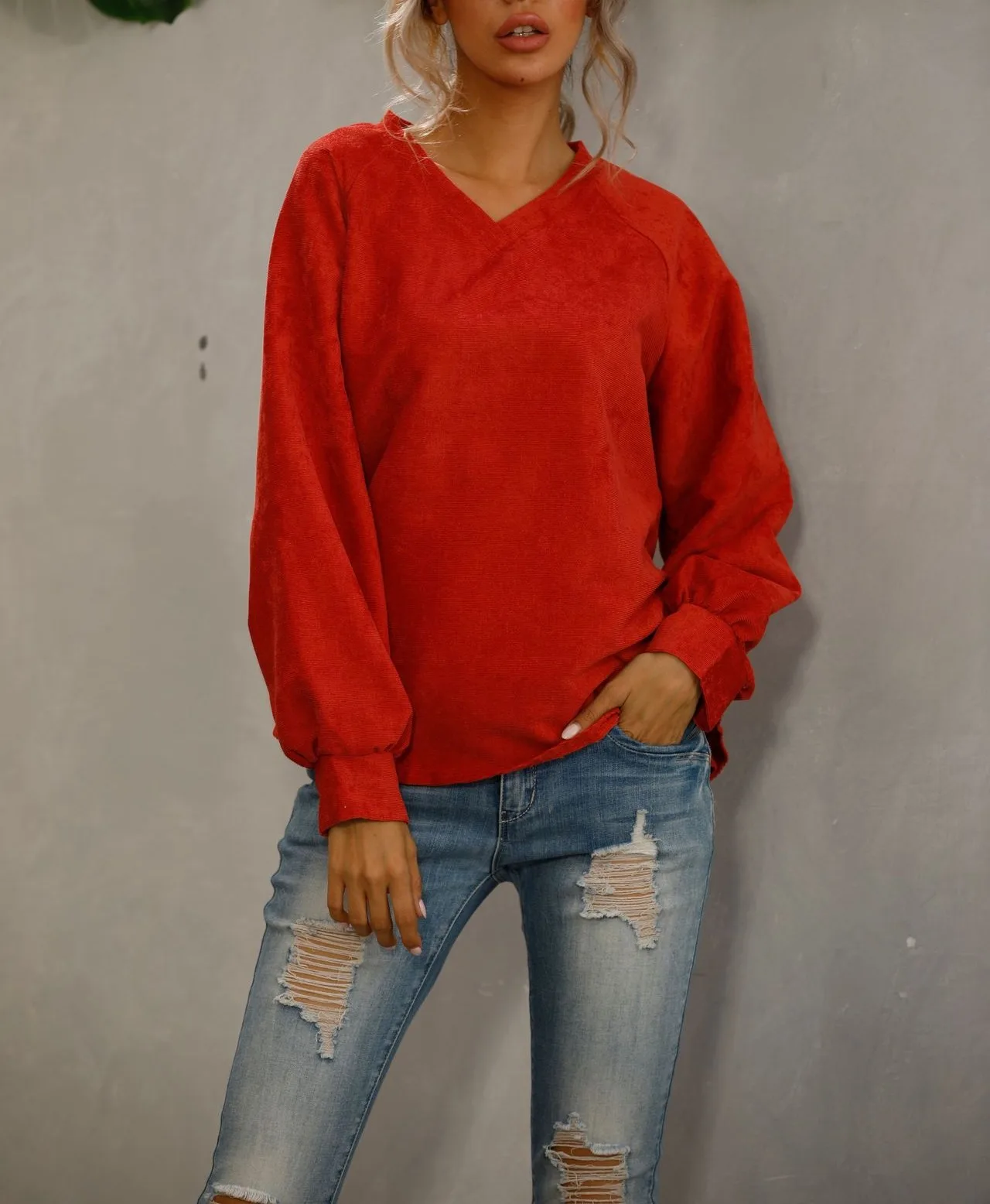 Spring and Autumn New V-neck Corduroy T-shirt Solid Color Pullover Loose Fitting Long Lantern Sleeve Sweatshirts for Women