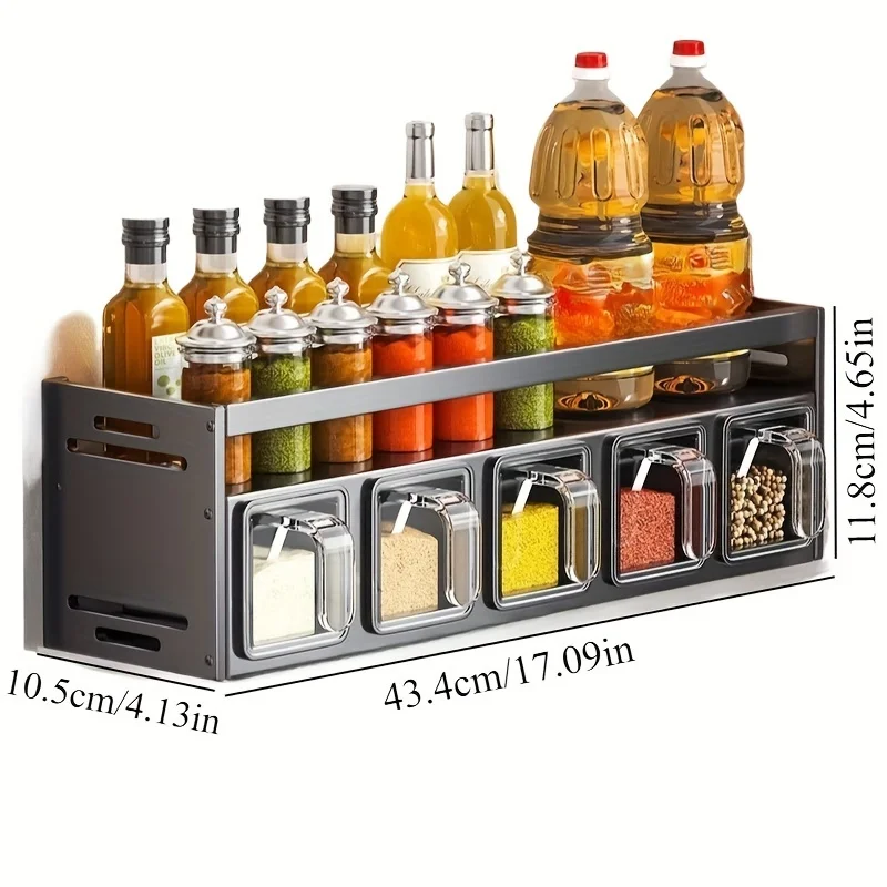 Wall mounted kitchen spice rack storage set without drilling, with sealed containers and distributors, suitable for home use 5