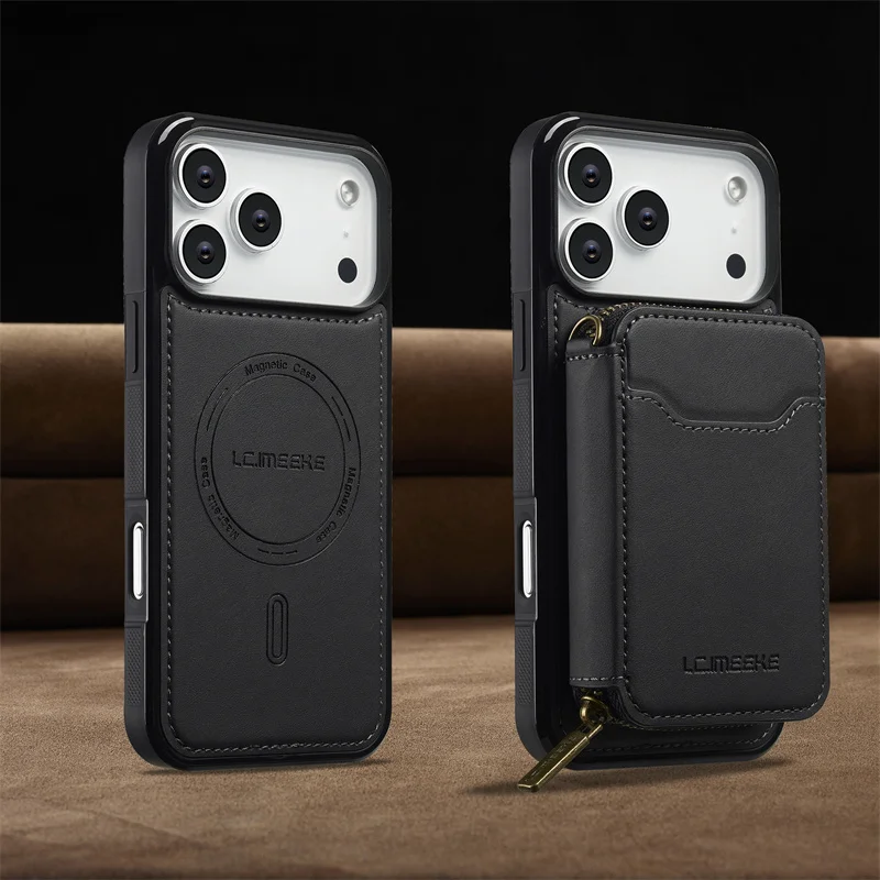 Magnetic Dual-Function Leather Wallet Phone Case with Zipper Card Holder