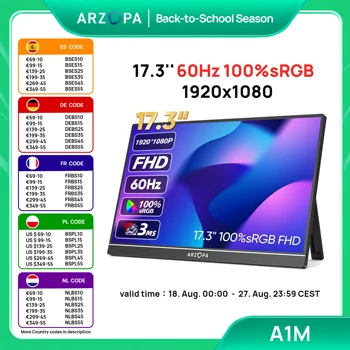 ARZOPA 17.3 ''1080P HDR IPS Monitor portatile HDMI USB Schermo esterno per laptop Cavalletto Altoparlanti per PC/Mac/Telefono/Xbox/Switch/PS 1