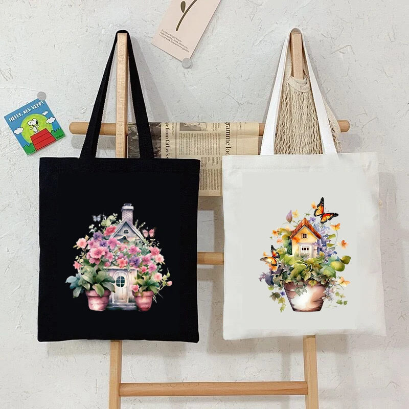 

Watercolor Floral House Print Tote Bags Women Vintage Cartoon Aesthetics Canvas Shopping Bag Teen Plant Butterfly Shoulder Bags