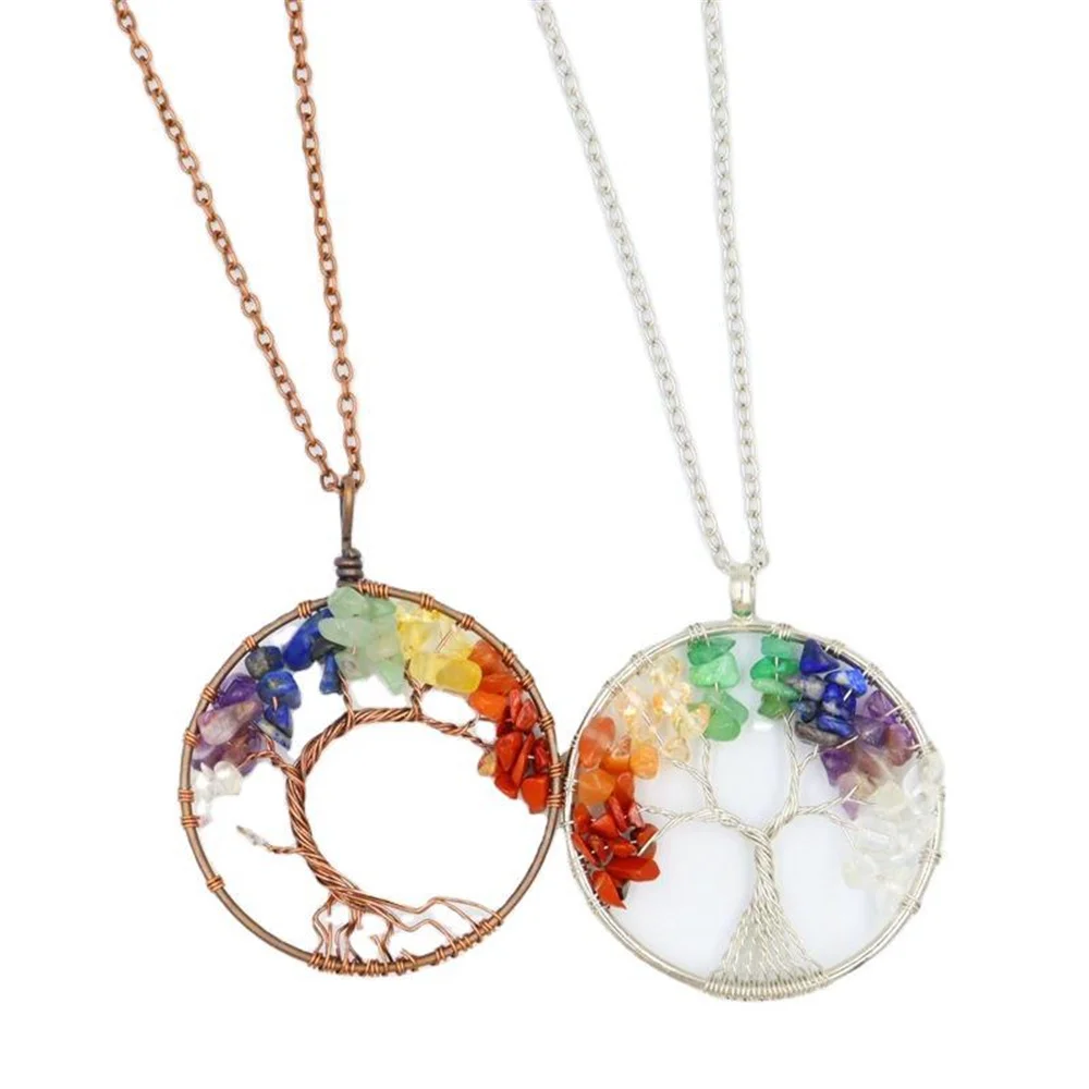 7 Chakra Quartz Natural Stone Tree of Life Pendulum Pendant for Women Handmade Healing Crystal Jade Heart Necklace Reiki Jewelry, pendant necklace, jade jewelry