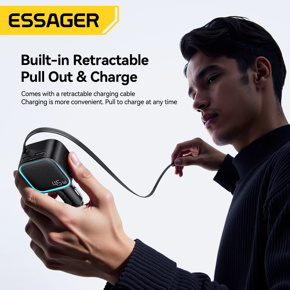 ESSAGER 45W Car Charger With 75CM Retractable Cable PD Fast Charging 3 Ports USB C & A Adapter For iPhone 17 16 15 Huawei iPad