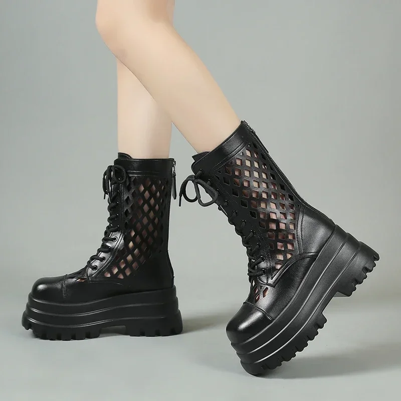 8cm Ankle Breathable Summer Hollow Moccasins Motorcycle Boots Genuine Leather Woman Fashion Sandals Openwork Shoes Boot