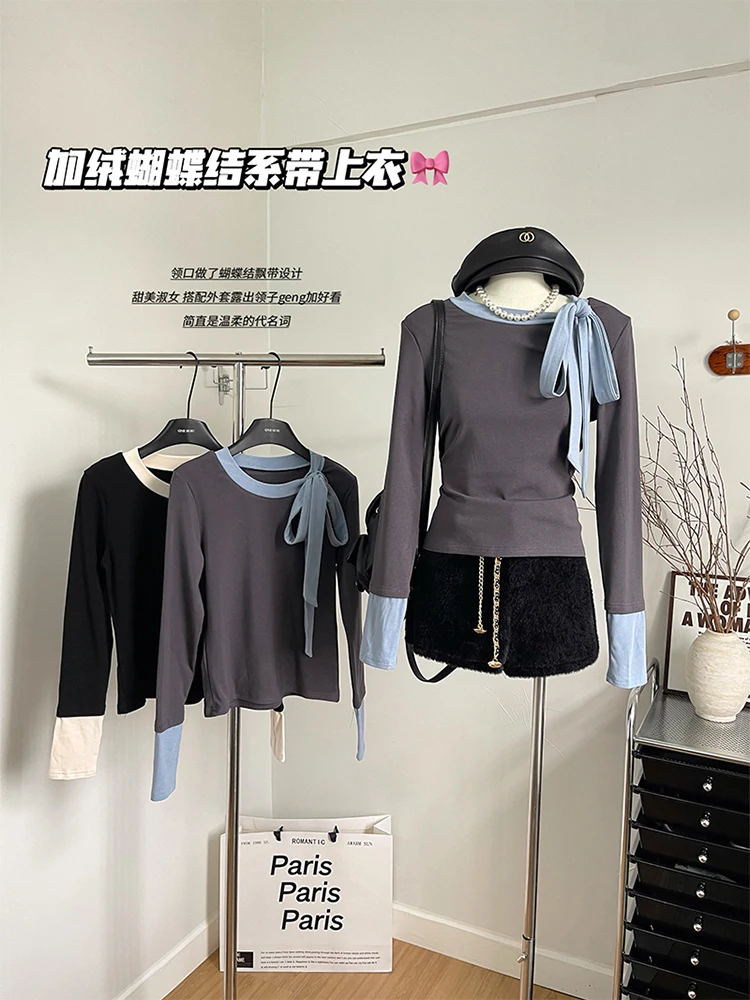 

Футболка женская составного кроя с длинным рукавом, круглым вырезом и бантом