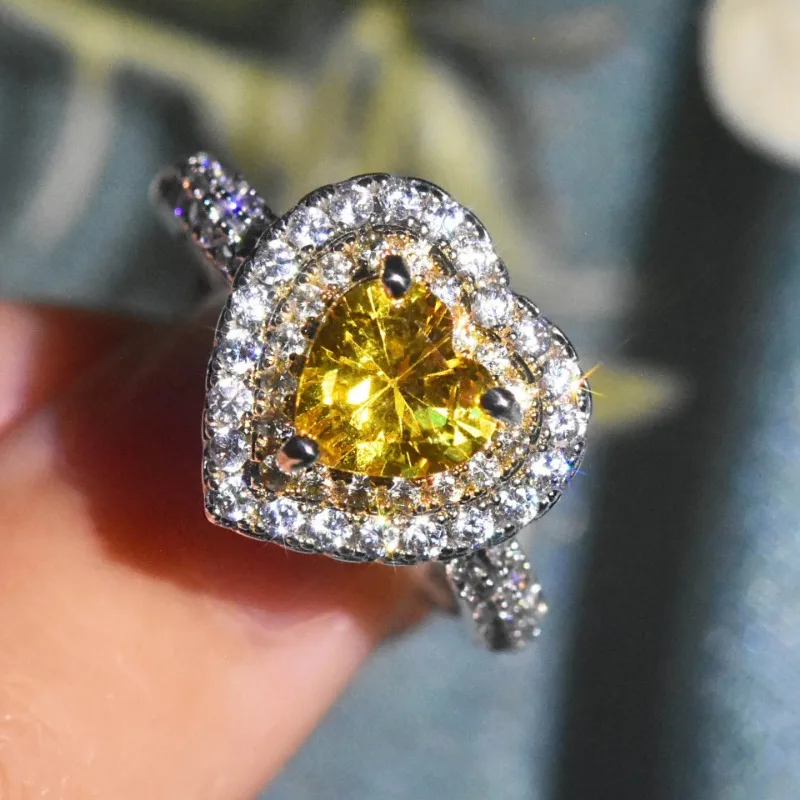 

Новинка 925, роскошное кольцо из серебра с желтым цирконием в форме сердца, обручальные кольца с двойной микро оправой, сверкающие яркие кольца для женщин, ювелирные изделия
