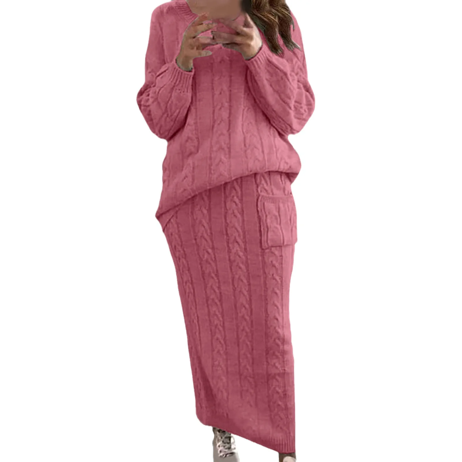 Women Winter Sweater Sets Long Sleeve Knitwear Pullover Skirt Suits