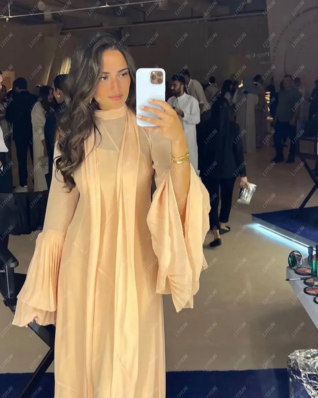 

LIYYLHQ In Dubai Chiffon Prom Dresses Long Sleeves Homecoming Party Girls' Wear Graduation Evening Gowns A Line Cocktail