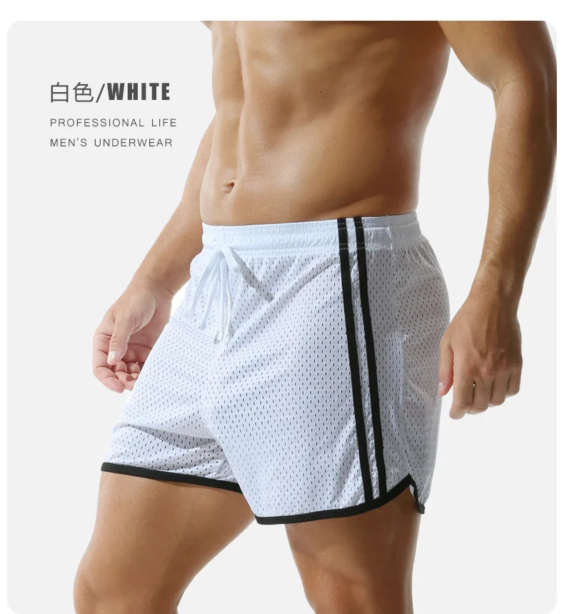 Mens Running Shorts Hollow Mesh Breathable Sport Shorts Striped Loose Elastic Gym Shorts Quick Dry Fitness Training Short Pants
