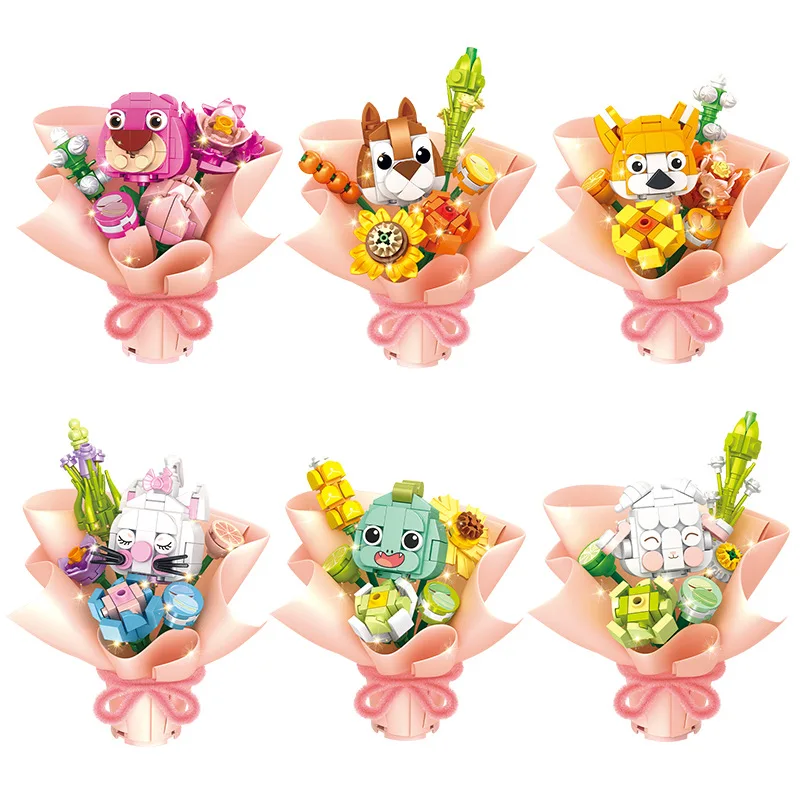 

6pcs/set DIY Cute Animal Flowers Bouquet Building Blocks Home Decoration Plant Friends Bricks Toys for Children Gifts