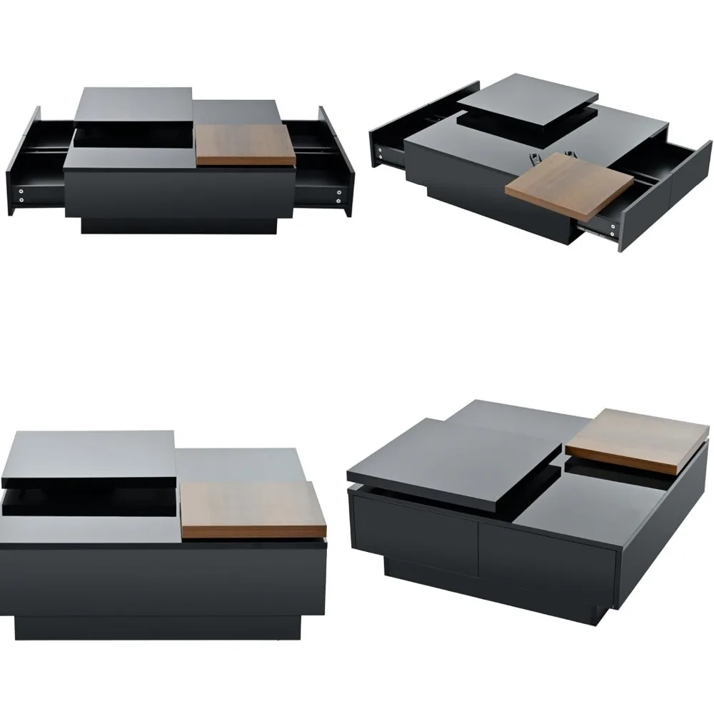 Movable Coffee Table Square High Gloss Surface, with 4 Hidden Storage Drawers Square Center Furniture for Living Room, Black 3
