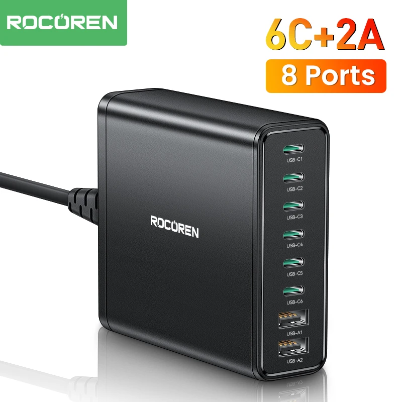 

Высокоскоростное зарядное устройство Rocoren 200 Вт 8 в 1 с несколькими портами, USB Type-C PD, Настольная плата с быстрой зарядкой для iPhone 15, Samsung S23 Ultra