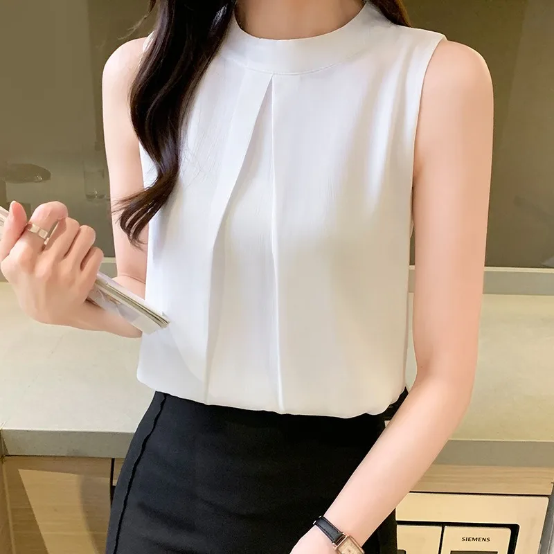 Sleeveless Retro Chic White Shirt Women Korean Style Elegant Lady Blouses Summer Chiffon Tops Female Solid Color Office Blusas