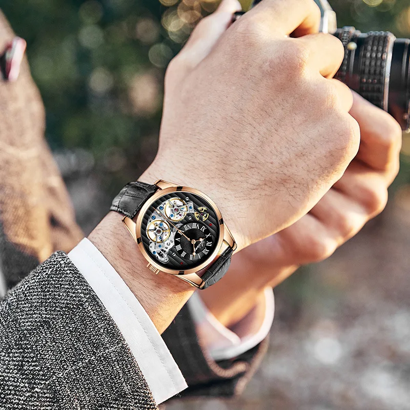 Classic Double Flywheel Tourbillon Automatic Watch for Men Self Winding Mens Watches Skeleton Mechanical Wristwatch Reloj Hombre