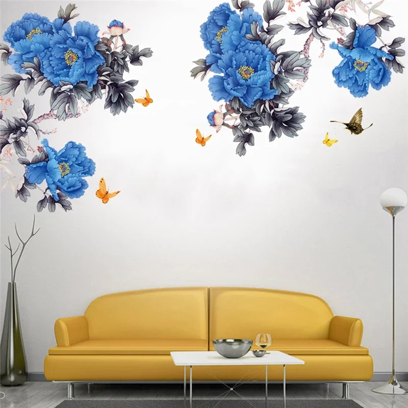 Blue peony, tree branches, butterfly wall stickers, living room, bedroom, porch, corridor decoration mural 30X90cm