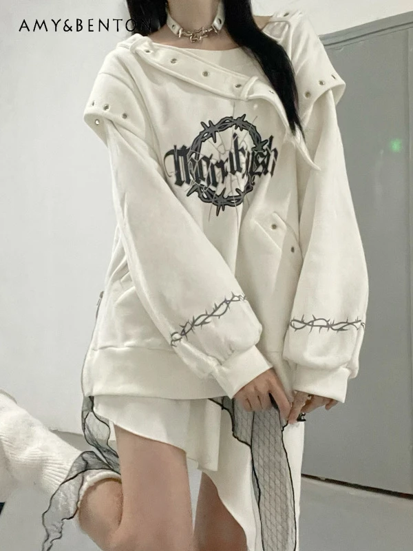 

Harajuku Gothic Irregular Off-Shoulder Print Lantern Sleeve Sweater High Waist Slim Mini Skirt Two-Piece Set SubCulture Outfits