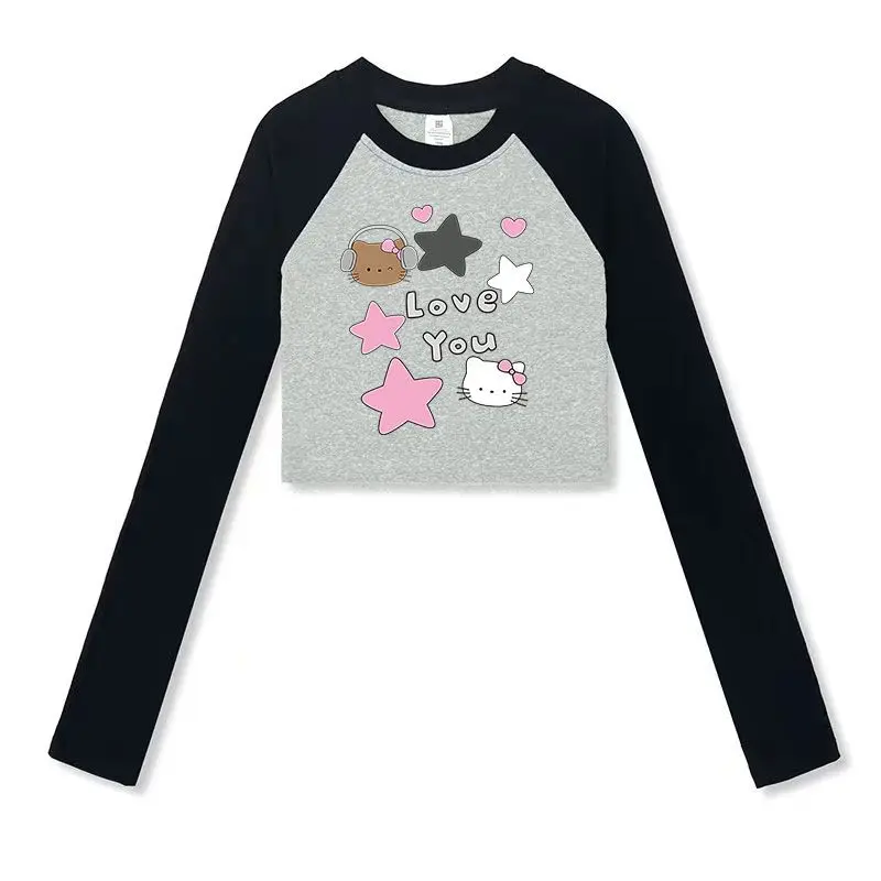 

Футболка с длинным рукавом Hello Kitty, удобная футболка из чистого хлопка с рисунком из аниме Sanrio из черной кожи, Y2K, Женский Топ, милая осенняя одежда