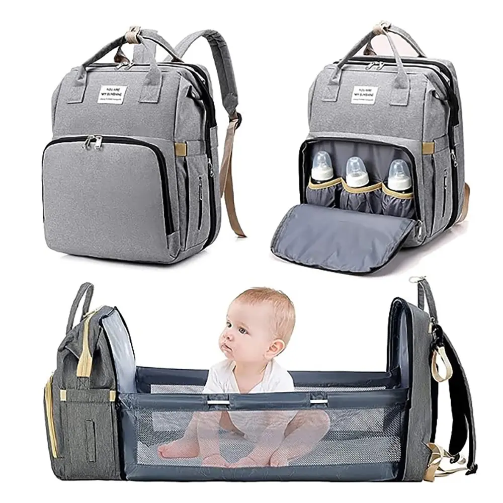 Fashionable Mommy Bag Folding Baby Bed Mother Large Capacity Portable Milk Bottle Diaper Double Shoulder Mom's Bag