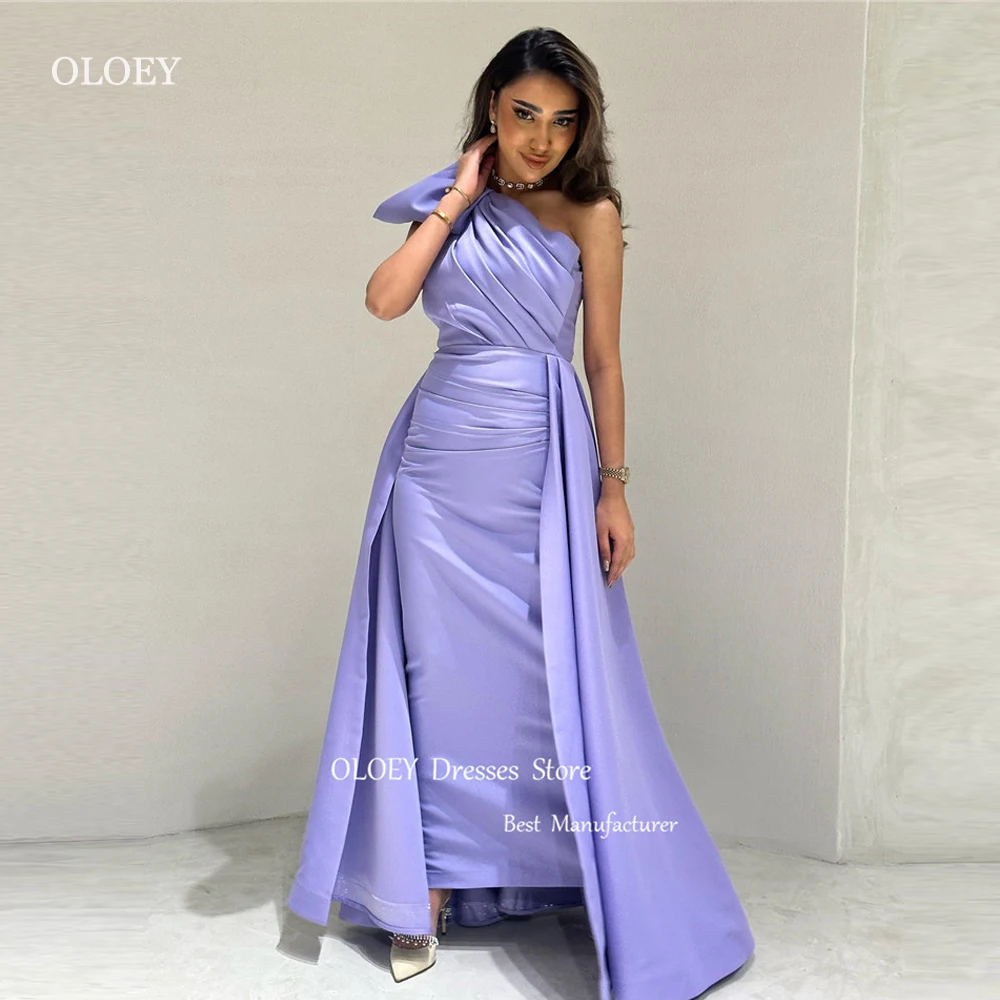 

OLOEY Saudi Arabic Women Lilac Satin Evening Dresses One Shoulder Pleats Ankle Length Prom Gowns Formal Party Occasion Dress