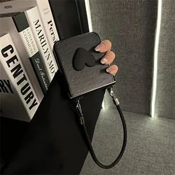Luxury Dermatoglyph Love Heart Black Phone Case with Leather Strap - Z Flip 7fe (A)