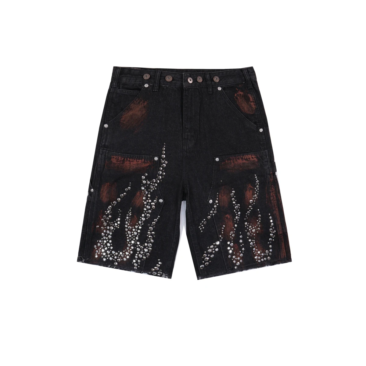 High Street Rhinestone Painted Baggy Jeans Shorts for Men Pockets Wide Leg Blue Black Loose Five Point Denim Pants Oversized
