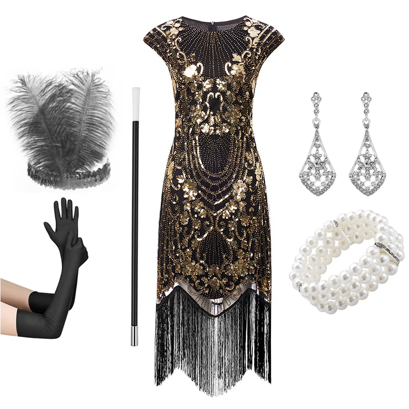 

Black gold Flapper Dress with Sleeves 20s Vintage inspired Great Gatsby Downton Abbey Charleston Wedding guest Bridesmaids Art