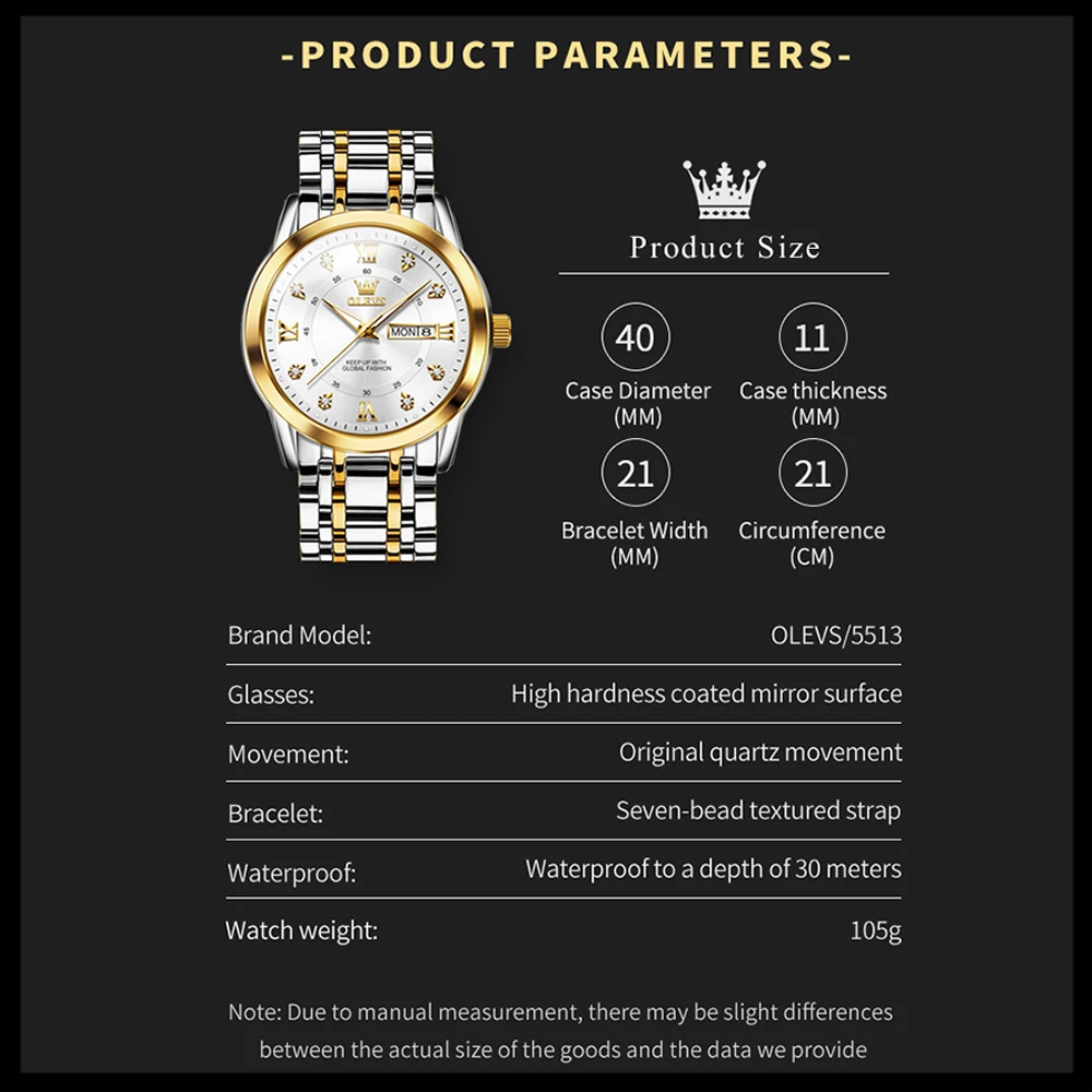 OLEVS Quartz Watches for Men Watch Luxury Diamond Dial Men's Luminous Waterproof Stainless Steel Dual Calendar Wristwatch Reloj