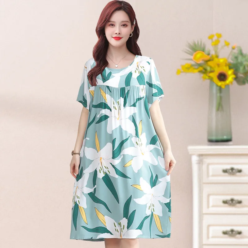 UHYTGF Cotton Silk Summer Pajamas Dress Women's Short Sleeve Pullover Large Swing Nightdress Female Home Clothes Sleepwear 2360